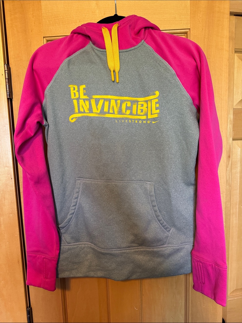 Nike Grey, Pink & Yellow 'Be Invincible' Pullover Hoodie with thumb holes